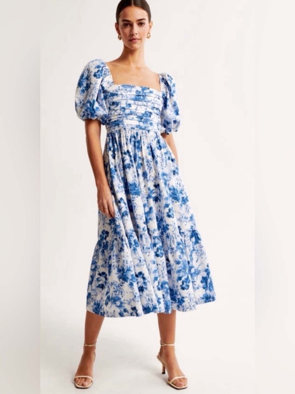 Abercrombie & Fitch Emerson White and Blue Floral Puff-Sleeve Midi Dress